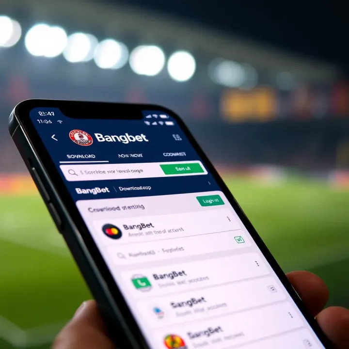 Smartphone screen showing BangBet app download options and mobile web interface
