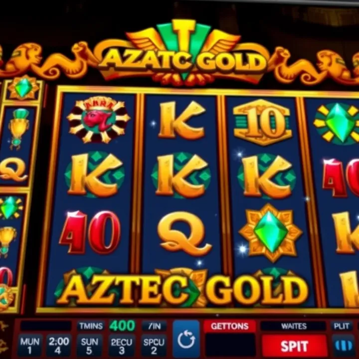 Colorful Aztec Gold slot game interface showing reels with ancient symbols and sparkling gems