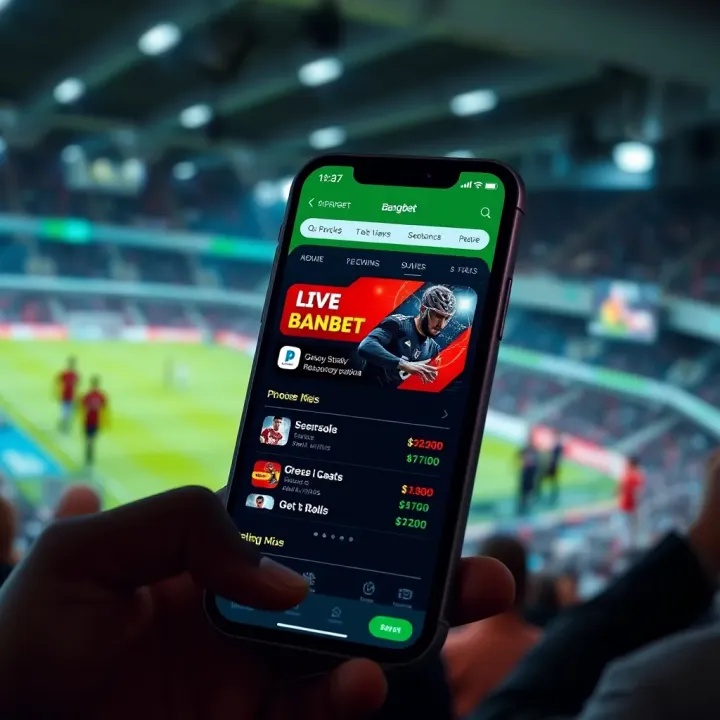 Mobile phone displaying Bangbet Sport App interface with betting options and live sports events