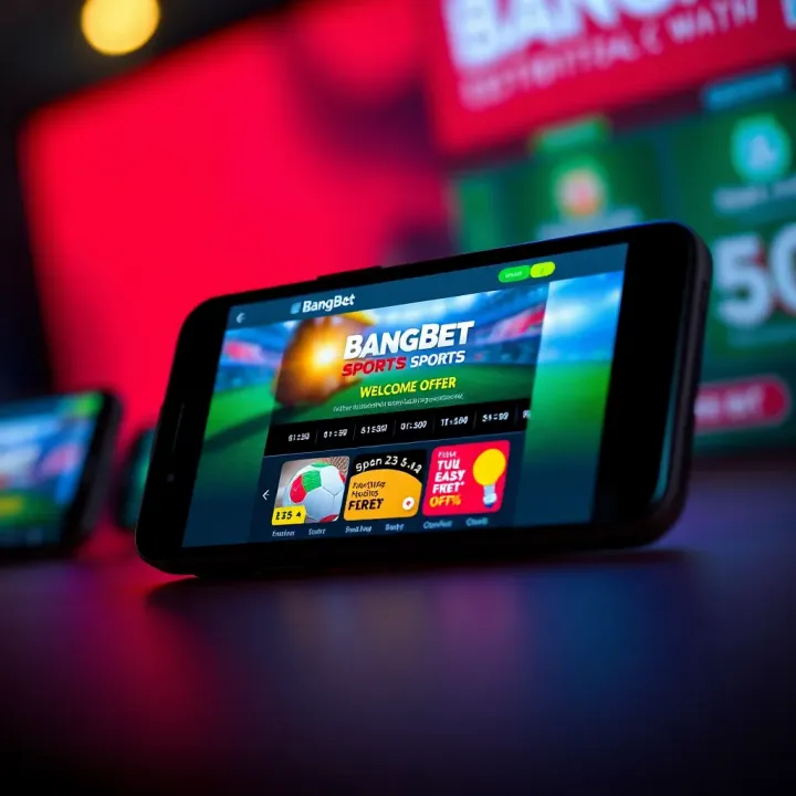 Illustration showing a mobile device displaying the BangBet sports welcome offer on screen with betting odds and promotional banners