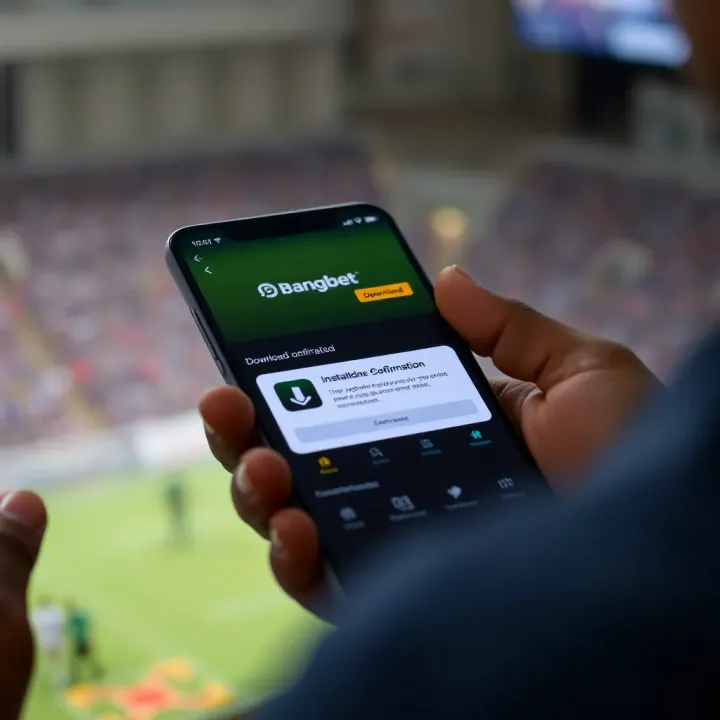 Mobile phone screen with Bangbet app installation progress and download confirmation