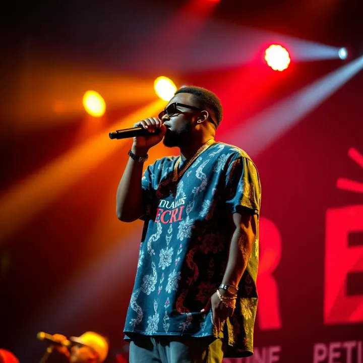 Mr Eazi performing on stage with vibrant background lighting